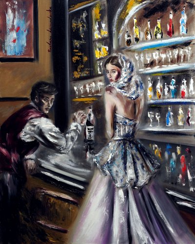 A Veiled Woman at the Bar, 2022 (olie på lærred) af Ruslana Levandovska
