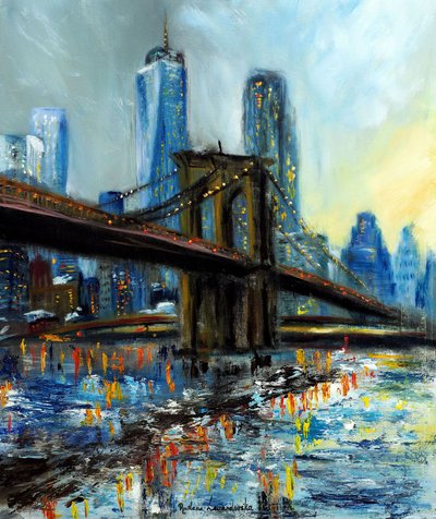 Brooklyn Bridge view of Manhattan, 2022 (olie på lærred) af Ruslana Levandovska