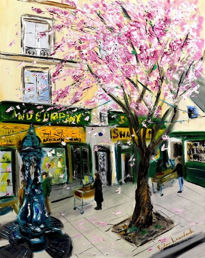 Cherry Blossoms at Shakespeare and Co Paris - med guldudsmykning, 2023 (olie på lærred) af Ruslana Levandovska