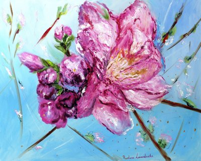Pink Cherry Blossoms, med guldudsmykning, 2023 (olie på lærred) af Ruslana Levandovska