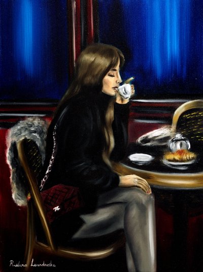 Kvinde på en café i Paris II, 2024 (olie på lærred) af Ruslana Levandovska