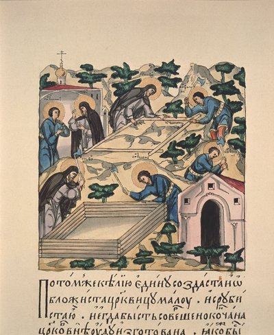 Saints Bartholomew og Stephen bygger kirke til ære for den hellige treenighed ved Makovets Hill Book miniature, 16. århundrede af Russian Master
