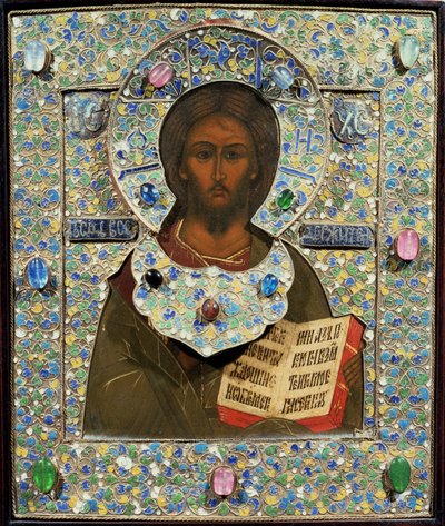 Christ Pantocrator, ikon (tempera på panel med forgyldt og cloisonne emaljeramme) af Russian School