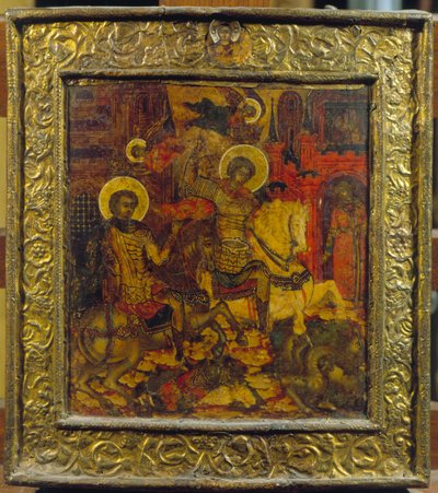 Ikon, der forestiller St. George og St. Demetrius, ca. 1676 (tempera på panel) af Russian School