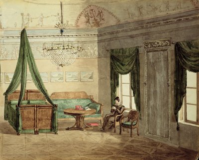 Neo-klassisk sengekammer, 1819 (wc på papir) af Russian School