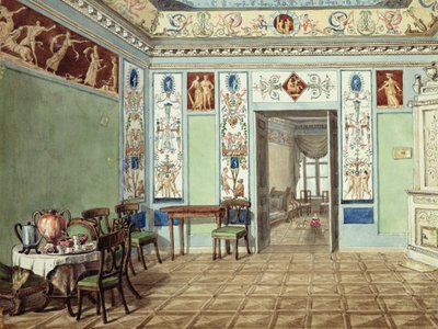 Neo-klassisk etruskisk morgenmadslokale, 1820 (wc på papir) af Russian School