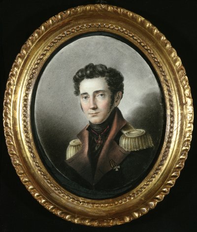 Portræt af en russisk officer, 1818 (wc på papir) af Russian School