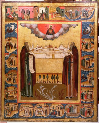 De hellige Zosimus og Sabbatheus af Solovetsk med scener fra deres liv, 1700-tallet (tempera på panel) af Russian School