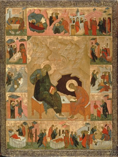 Johannes evangelisten og hans skriftlærde, ca. 1500 (tempera på træ) af Russian School
