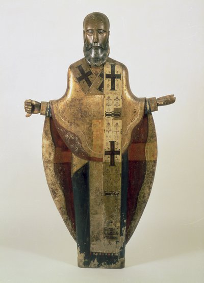 Statue af St. Nicholas af Mozhaisk, russisk, slutningen af det 16. århundrede (træ, ornamenteret brokade, gesso, tempera) af Russian School
