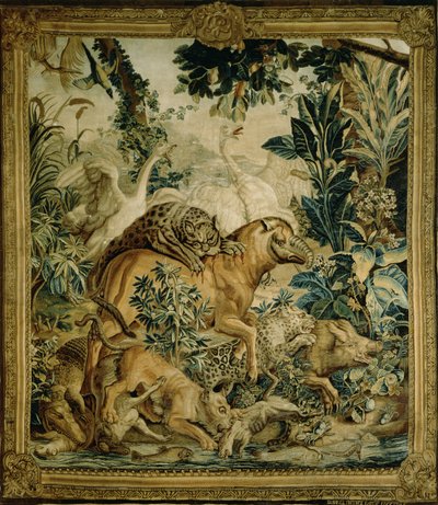 Tapestry, der forestiller vilde dyr, der kæmper ved et vandhul, kopi fra Indian Carpet-serien designet af D. Deport, 1757 og lavet af St. Petersburg Tapestry Factory (tekstil) af Russian School