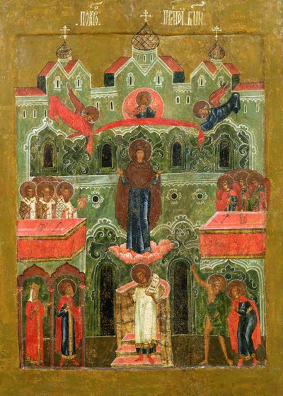 Pokrov (Guds Moders forbøn) (tempera på panel) af Russian School