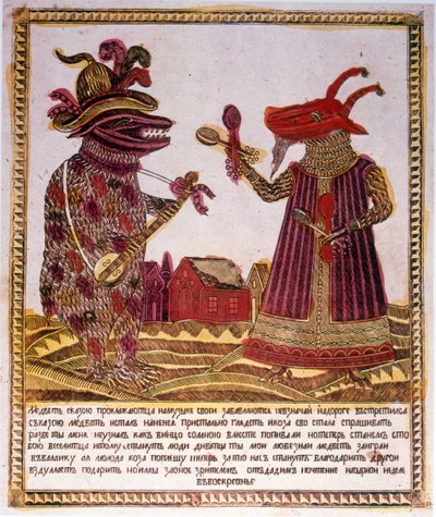 Traditionelt farvet træsnit Illustration af en historie om en bjørn og en ged. Russisk ca. 1830 (gravering) af Russian School