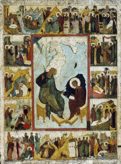 Sankt Johannes evangelisten på Patmos med scener fra hans liv, begyndelsen af det 16. århundrede. af Russian icon.