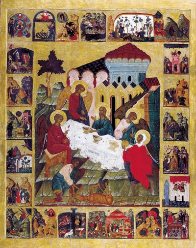 Det Gamle Testamentes Treenighed med Scener fra Første Mosebog, c1580. af Russian icon.
