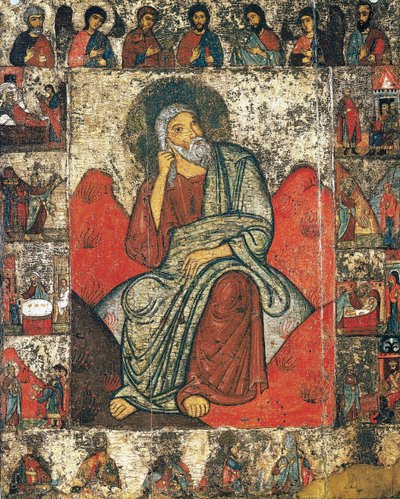 Profeten Elias i ørkenen med scener fra hans liv og Deesis, 13.- første tredjedel af 14. af Russian icon.