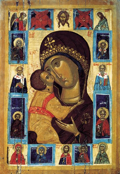 Jomfruen Eleusa med udvalgte hellige, tidligt i det 16. århundrede. af Russian icon.
