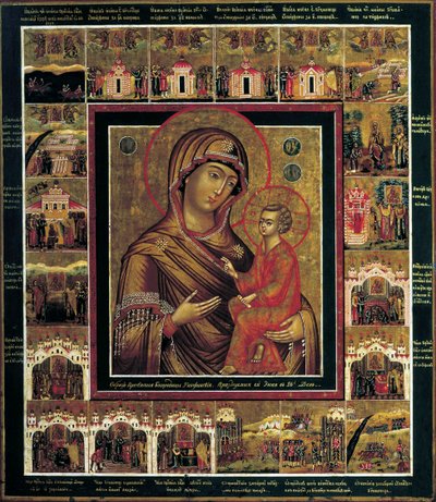 Jomfruen fra Tikhvin med grænsescener, første kvartal af 1800-tallet. af Russian icon.