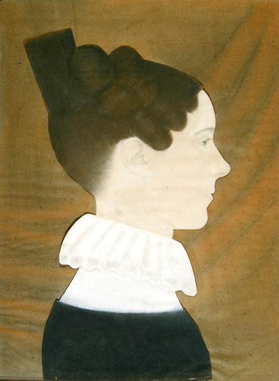 Portræt af Mary Davis Denny (pastel, kul og farvet papir collage på blåt vævet papir) af Ruth Henshaw Bascom