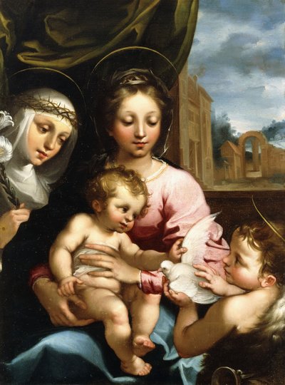 Madonnaen og barnet med spædbarnet Sankt Johannes Døberen og Sankt Katarina af Siena, ca. 1597-1612 af Rutilio Manetti