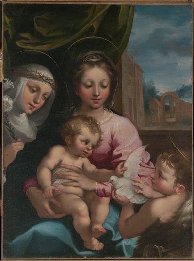 Jomfru og barn med den unge Sankt Johannes Døberen og Sankt Katarina af Siena af Rutilio Manetti