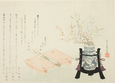 Røde og hvide blommeblomster med digtslip af Ryuryukyo Shinsai