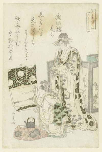 Kvinde, der hænger en rulle af Ryuryukyo Shinsai