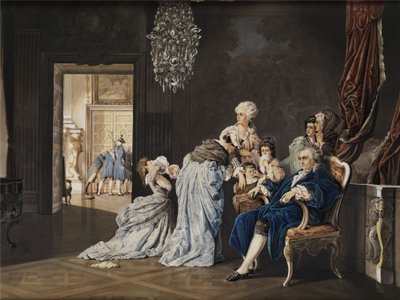 De sidste timer af den franske kongefamilie (Louis XVI og Marie Antoinette) i Louvre, før de revolutionære brød ind. Akvarel maleri/gouache på pap. 38x51 cm. Monogram "SG" og dateret "1877" nederst til højre af „SG“