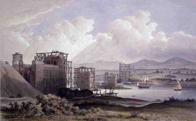 Britannia Tubular Bridge over Menai-strædet, taget under opførelsen i 1848, litografi af Day and Son af S. (after) Russell