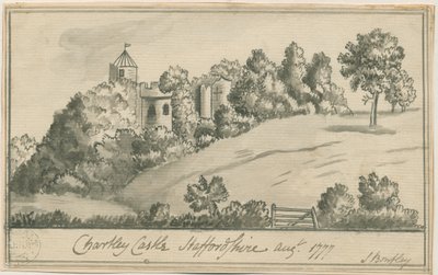Chartley Castle: sepia-tegning, august 1777 af S Bentley