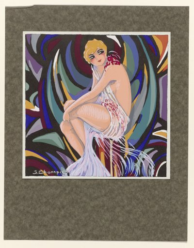 Femmes Modernes, 1926: Siddende kvinde, med draperi. af S Chompré