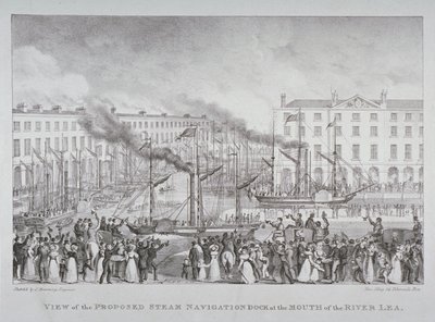 Udsigt over den foreslåede dampnavigationsdok ved mundingen af floden Lea, ca. 1835 af S. Hemming