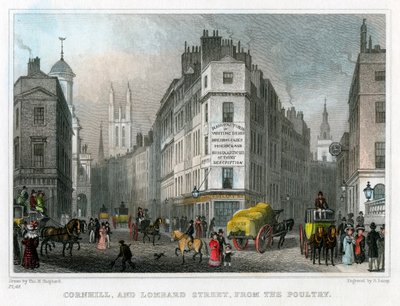Cornhill og Lombard Street fra Poultry, City of London, 1830. af S. Lacey