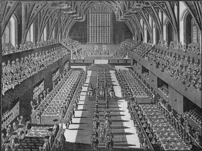 The interior of Westminster Hall at the coronation banquet of King George II, 1727 1911dani af S Moore