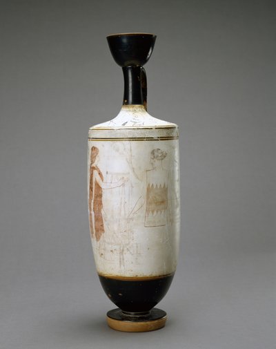 White Ground Lekythos med ung kvinde ved en grav, 450-440 f.Kr. (terracotta med hvid bund) af Sabouroff Painter (attr. to)