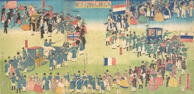 Procession af mennesker fra fem lande: Holland, Rusland, Frankrig, England og Amerika, 1861., af Sadahide Utagawa