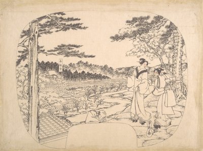 To kvinder, der beundrer seværdighederne fra et udsigtspunkt... Zenpukuji-templet, 1800-tallet. af Sadahide Utagawa