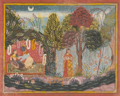 Krishna og Radha i en Bower: Side fra en spredt Gita Govinda, ca. 1665. af Sahibdin