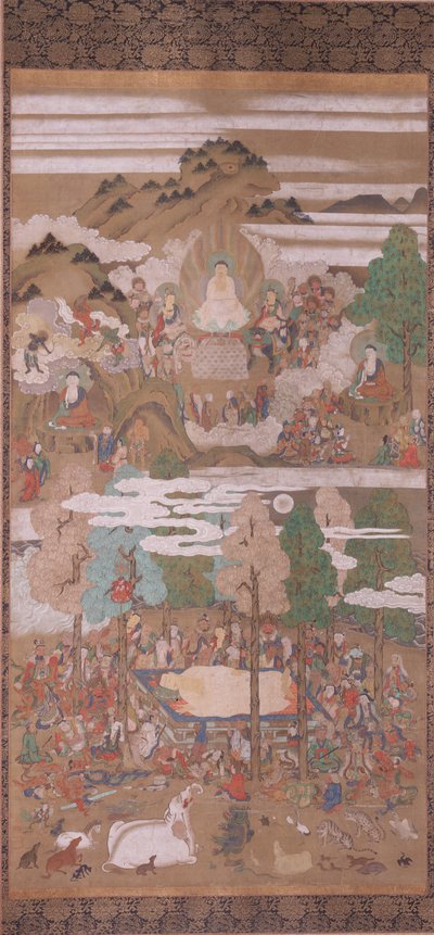 Sakyamuni Buddhas død (blæk, farve og guld på silke) af Sakon Sadatsuna