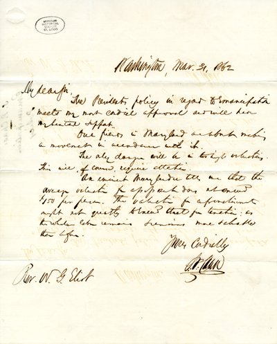 Brev underskrevet S.P. Chase, Washington, til W.G. Eliot, 31. marts 1862 af Salmon P. Chase