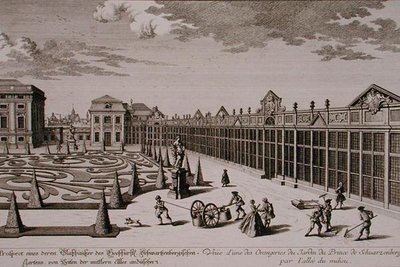 Udsigt over et af orangerierne i prinsen af Schwarzenbergs have, Wien, indgraveret af Georg-Daniel Heumann (1691-1759), udgivet ca. 1724-37 (stik) (se også 170855) af Salomon (after) Kleiner