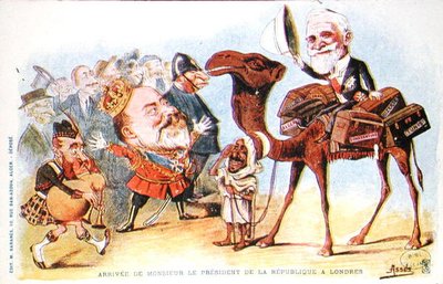 Karikatur af den franske republiks præsident Emile Loubets (1838-1929) ankomst til London i 1903 (farve litho) af Salomon Assus