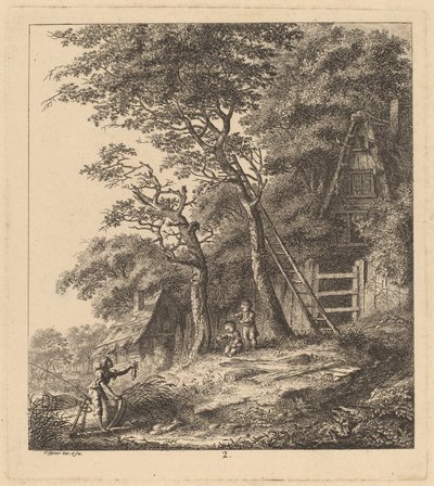 En fisker og to børn i et landskab med stråtækte hytter, 1764. af Salomon Gessner