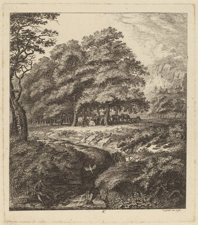 Kvæg hviler i en lund med en mand siddende ved siden af en bæk, 1764. af Salomon Gessner