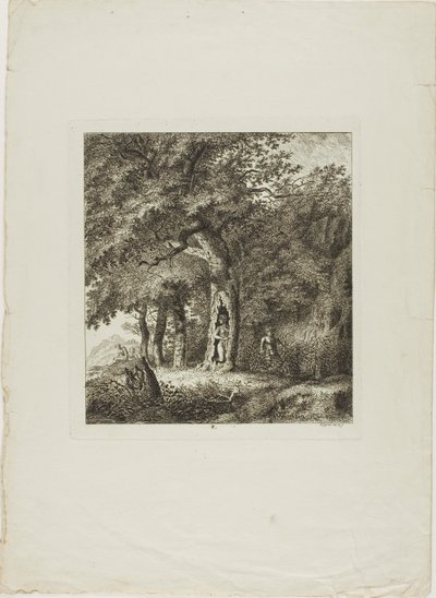 Nymfe, der gemmer sig i et træ, plade otte fra Paysages Dédiés à M. Warelet af Salomon Gessner