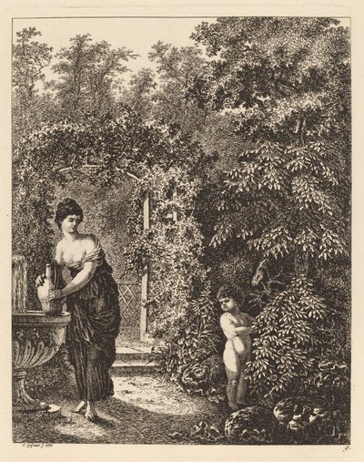 Putto besøger en pige ved et springvand, 1771. af Salomon Gessner