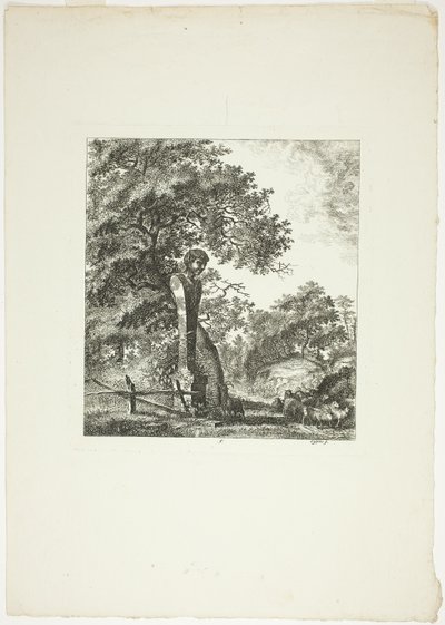Får ved en statue af Pan, plade fem fra Paysages Dédiés à M. Warelet af Salomon Gessner