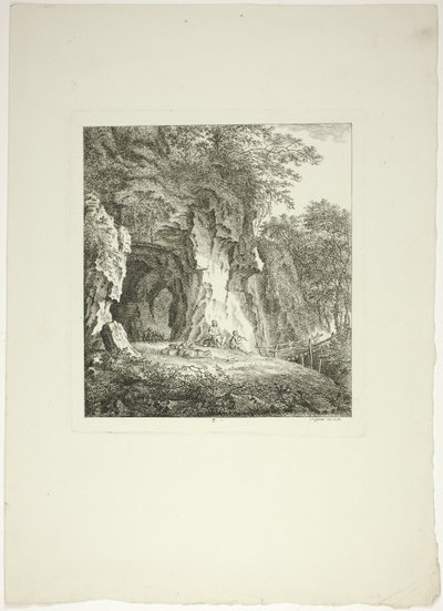 Hyrder og får hviler under en bro, plade syv fra Paysages Dédiés à M. Warelet af Salomon Gessner