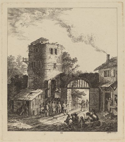 Landsbyboere ved en byport, der hilser en dignitær, 1764. af Salomon Gessner