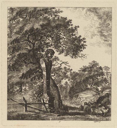 Skovklædt landskab med en flok geder og en herm, 1764. af Salomon Gessner